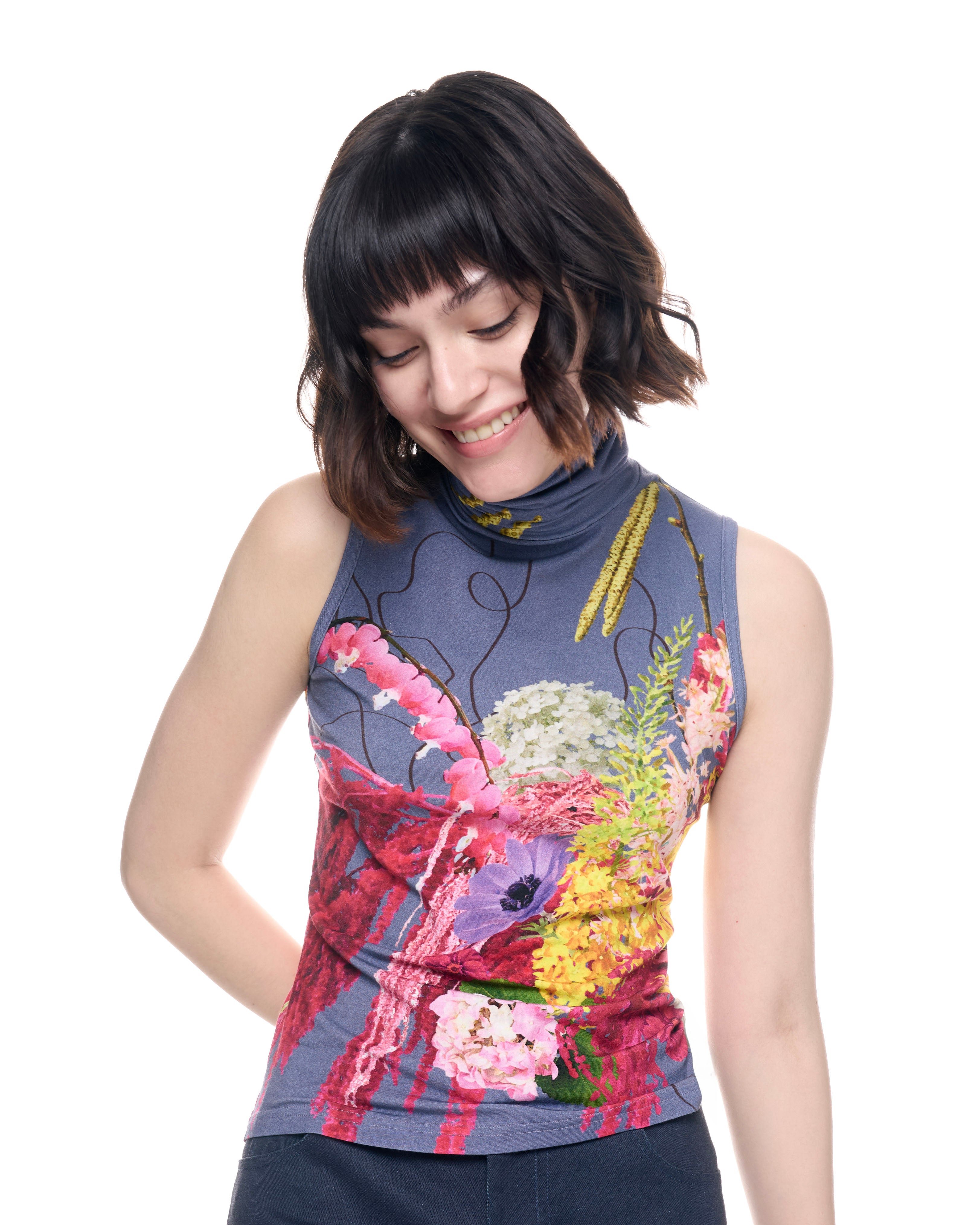 Floral sleeveless turtleneck top hotsell